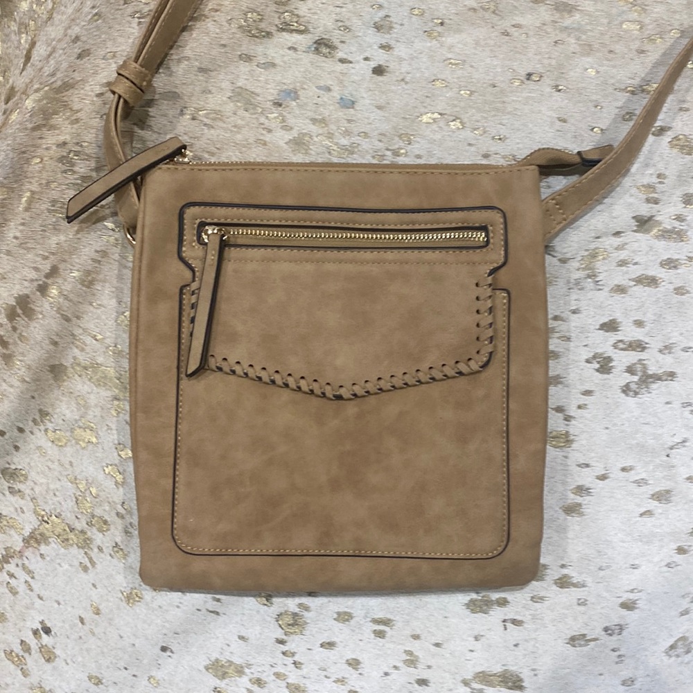 Tan Suede stitched crossbody hand bag purse with adjustable strap